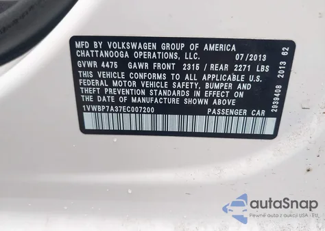 2014 Volkswagen Passat Se z USA, uszkodzony, nr VIN 1VWBP7A37EC007200